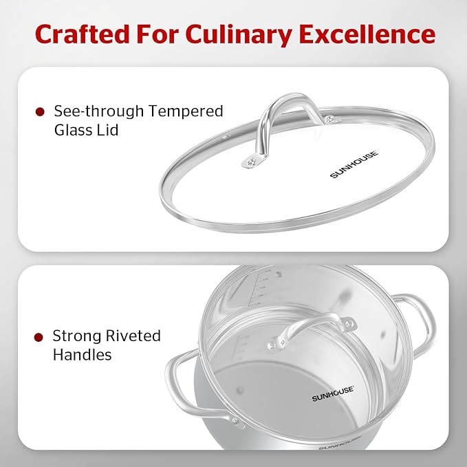 SUNHOUSE 15.5 Quart Stainless Steel Stockpot – Heavy-Duty Induction Pot with Lid and Riveted Handles – Ideal for Soup, Seafood, Stock, Canning, and Catering for Large Groups and Events