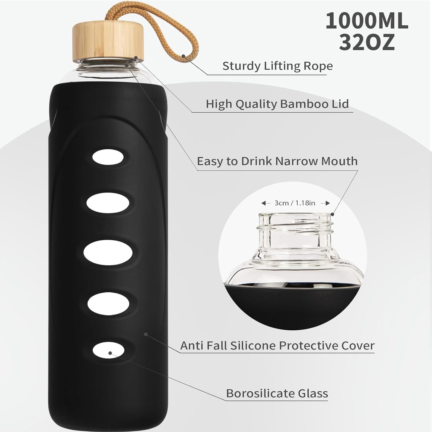 Sport 32oz Glass Water Bottle 1000ml /1 liter Borosilicate Glass Water Bottle Reusable Waterbottle Jugwith Silicone Sleeve and Unique Lid (Black