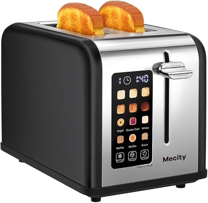 Mecity 2 Slice Touch Screen Toaster, 1.5" Wide Slot, Stainless Steel Smart Toaster for Bagels, Muffins, Waffles, Gluten-Free Breads, Defrost, Reheat, Timer, 120V 825W, Matt Black