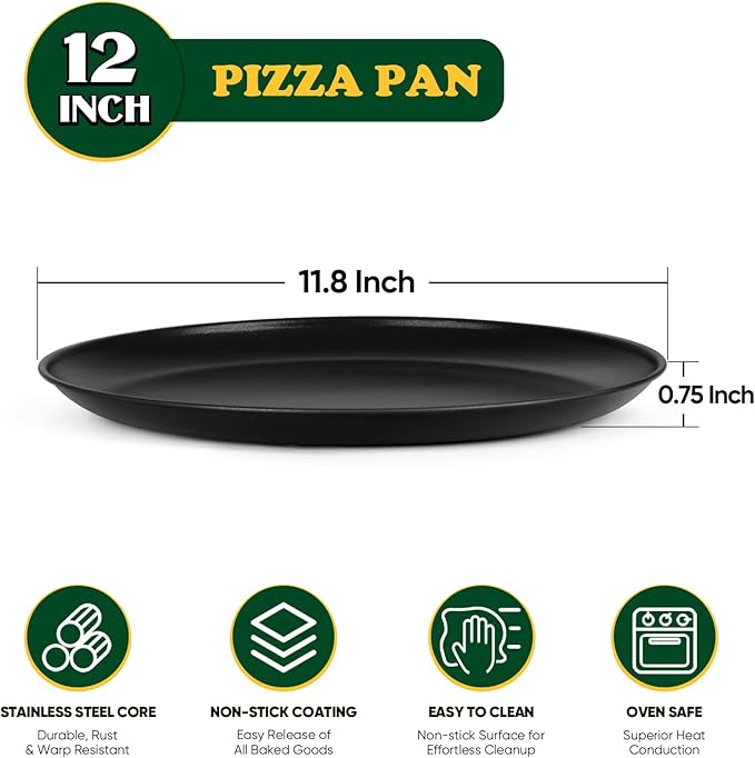 E-far 12 Inch Pizza Pan Set of 2, Nonstick Pizza Pie Pan Tray Platter, Metal Round Baking Sheet Cooking Pan for Oven, Durable & Stainless Steel Core