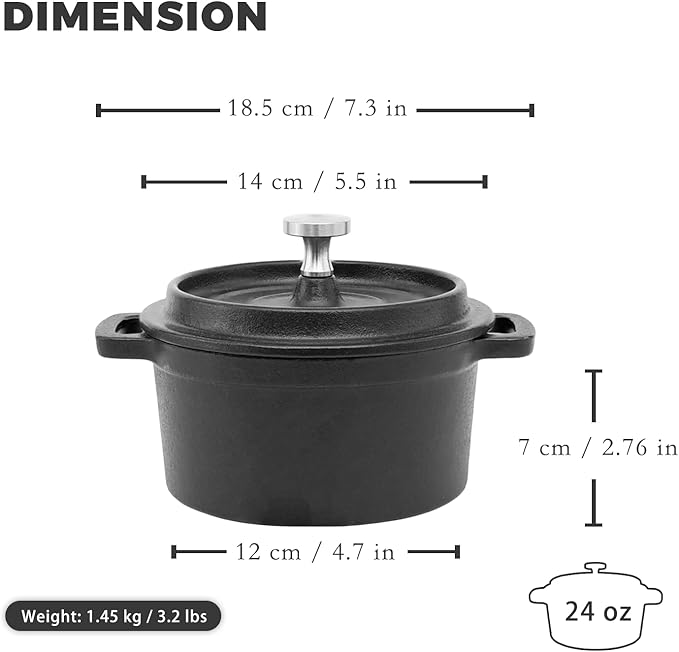 Mini Cocotte 24 oz Mini Dutch Oven 0.75 qt. Cast Iron Garlic Roaster for Oven Garlic Confit Pot Ramekins with Lids Oven Safe Set of 2, Black