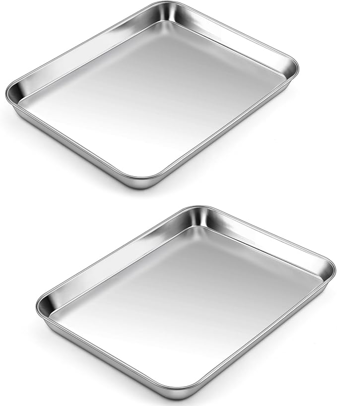 P&P CHEF 10.5 Inch Baking Cookie Sheet, Oven Pan Tray Stainless Steel Sheet Pan for Kitchen, Oven Bakeware for Multi Uses, Shiny Look & Dishwasher Safe, Healthy & Heavy Duty, 2Pcs