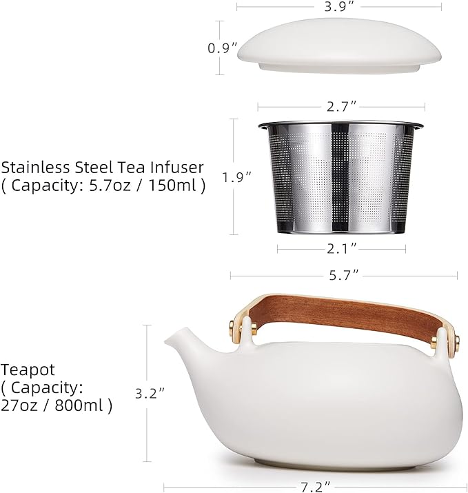 ZENS Teapot with Infuser, Ceramic Japanese 2cup Teapot for Loose Leaf Tea, 800ml Small Matte White Porcelain Tea Pot Gift with Modern Bentwood Handle