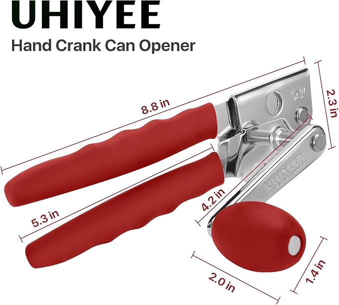 Commercial Can Opener, UHIYEE Hand Crank Can Opener Manual Heavy Duty with Comfortable Extra-long Handles, Oversized Knob, Large Handheld Can Open Easy for Big Cans, Red
