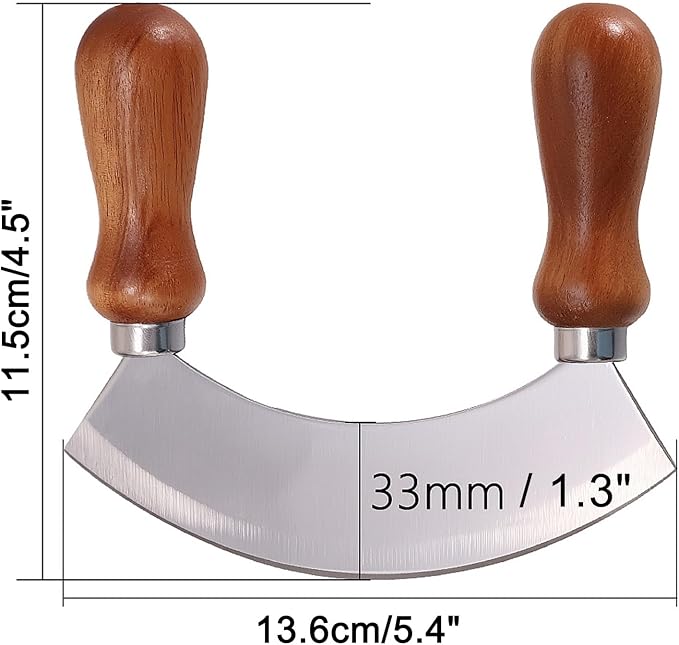 5.4 Inch Stainless Steel Mezzaluna Knife - Salad Chopper Rocker Pizza Cutter Rocker Knife Curved Blade Sharp Blade Double Acacia Wood Handle Fruit Vegetable Mincing (5.4 Inch Silver)