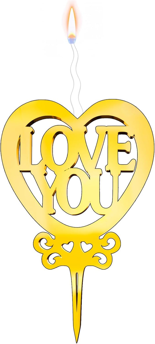 Love You Reusable Gold Romantic Cake Candle - Luxury Cake Topper Candle for Birthdays, Weddings & Anniversaries - Reusable Food Safe Acrylic, Shiny Mirror Finish - Happy Birthday Cake Topper Decor