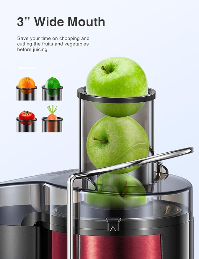 Juicer Machine, 800W Centrifugal Juicer Extractor with Wide Mouth 3” Feed Chute for Fruit Vegetable, Easy to Clean, Stainless Steel, BPA-free (Metallic Red)