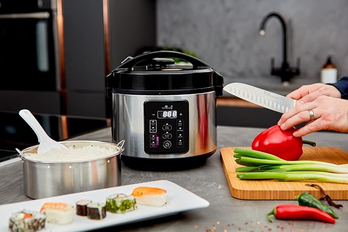 Yum Asia Kumo YumCarb Rice Cooker with Ceramic Bowl and Advanced Fuzzy Logic, (5.5 Cups, 1 Litre), 5 Rice Cooking Functions, 3 Multicooker Functions, 110V US Power (Light Stainless Steel)