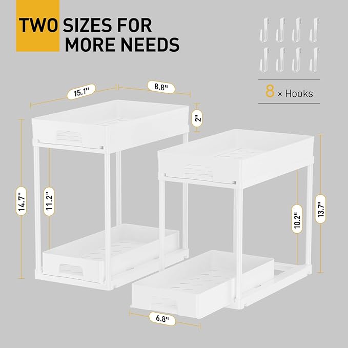Delamu Under Sink Organizers and Storage, 2 Pack Pull Out Kitchen Bathroom Cabinet Organizer, 2 Tier White Under Sink Storage for Bathroom Kitchen, Under Counter Storage Organizer with 8 Hooks