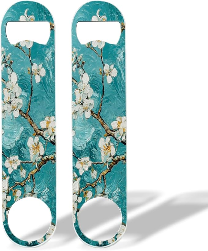 2 PACK Beer Bottle Opener, Stainless Steel Flat Bottle Openers,7 inch Metal Decor,Blue And White Almond Flowers