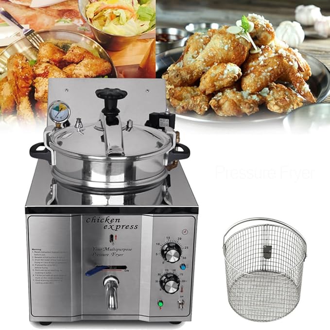 INTSUPERMAI 16L Commercial Countertop Pressure Fryer, Stainless Steel High Pressure Fried Chicken Machine, Electric Multi-function Deep Fryer Cooking Machine, 110V, 2400W, 8PSI