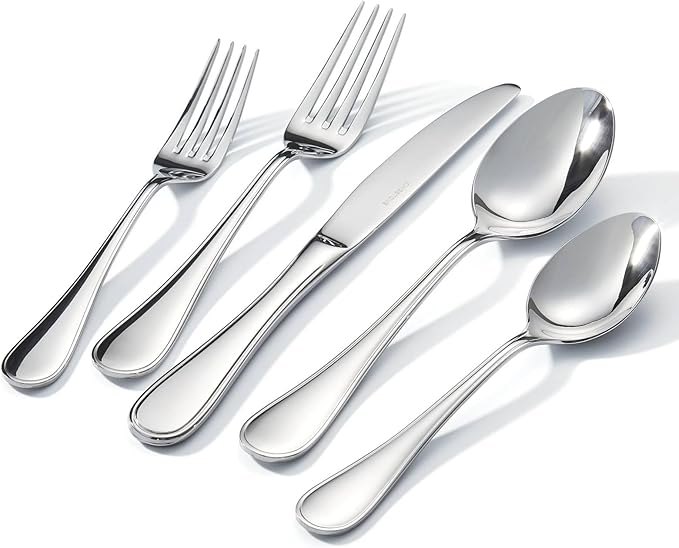 KINGSTONE 60 Piece Teardrop Silverware Set for 12, 18/10 Stainless Steel Flatware Set, Modern Design Cutlery Set for Home/Hotel/Wedding,Mirror Polished and Dishwasher Safe