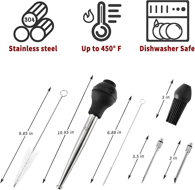 JY COOKMENT Stainless Steel Turkey Baster Baster Syringe for Cooking Meat Injector Set with 2 Marinade Needles 1 Basting Brush1 Cleaning Brush for Home Baking Kitchen Tool,2023 UPDATE