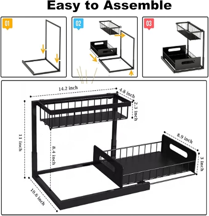 2 Tier Under Sink Organizer, Storage for Kitchen Bathroom,Pull Out Cabinet Organizer Slide Out Sink Shelf Cabinet Storage Shelves (Black, 1 Pack)