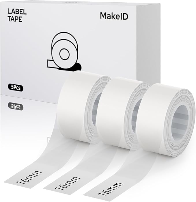 MakeID E1 Q1 Label Maker Tape Refills, 3-Roll 16mm x 4m (0.63" x 13') Continuous Consumables Thermal Laminated Office Labeling Tape Replacement