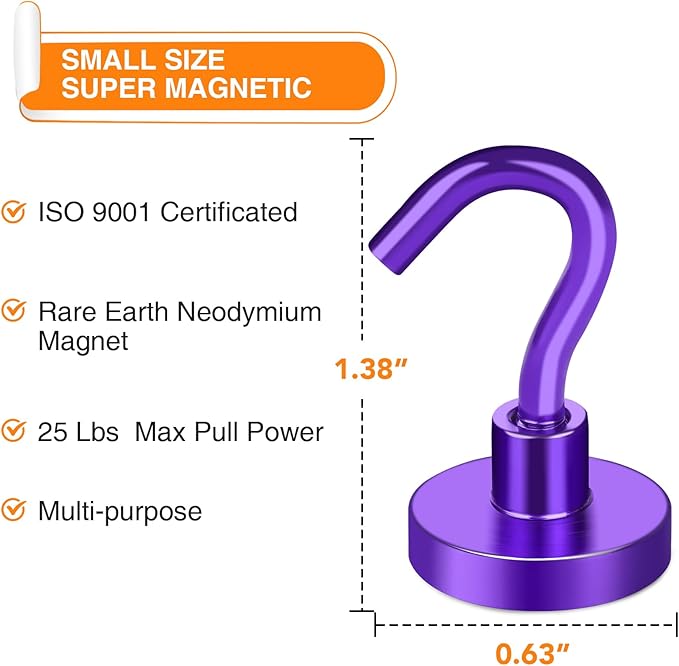 MIKEDE Magnetic Hooks Heavy Duty, 28Lbs Neodymium Magnets with Hooks for Refrigerator, 10Pcs Strong Cruise Hooks for Hanging, Magnetic Hanger for Grill, Toolbox, Storage - Purple