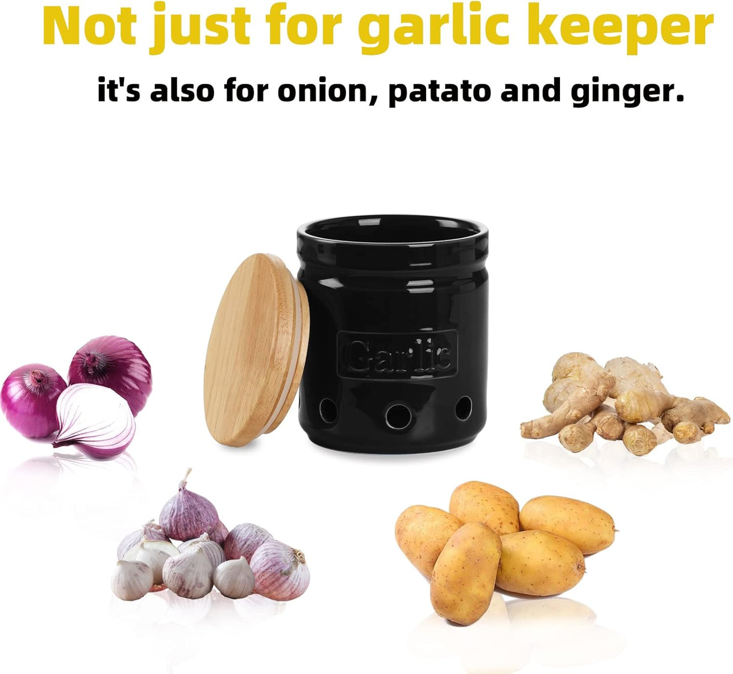 ONTUBE Large Garlic Keeper with Wooden Lid, Ceramic Garlic Holder Storage, Garlic Container for Kitchen, Garlic Saver to Keep Your Garlic Cloves Fresh Longer 4.5-Inch, Black
