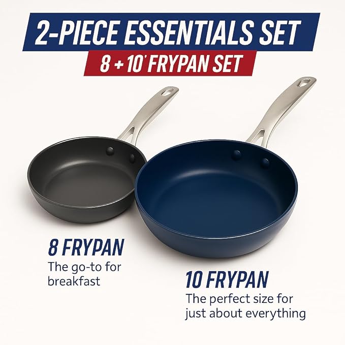 Blue Diamond 8” & 10" Nonstick Frying Pan Skillet Set, Diamond Infused PFAS & PTFE-Free Ceramic Pots & Pans, Dishwasher & Oven Safe, Stay Cool Handles, Non Toxic Metal Utensil Safe, Blue & Grey