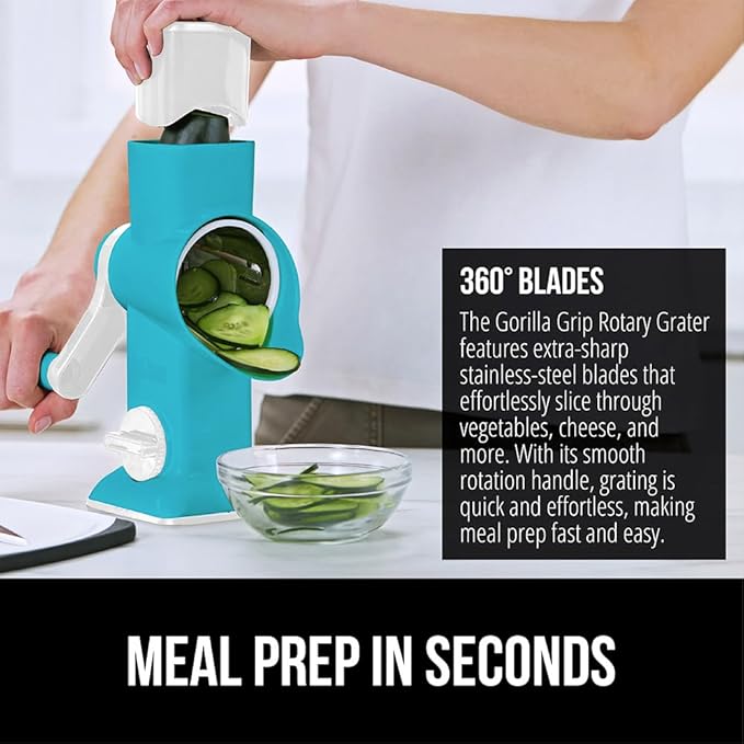 GORILLA GRIP BPA-Free Rotary Cheese Grater Hand Crank, Easy to Set Up, Strong Suction Base for Kitchen Countertop, Shred Potato, Vegetable, Nuts in Seconds, Round Mandoline Slicer, 3 Blades, Turquoise