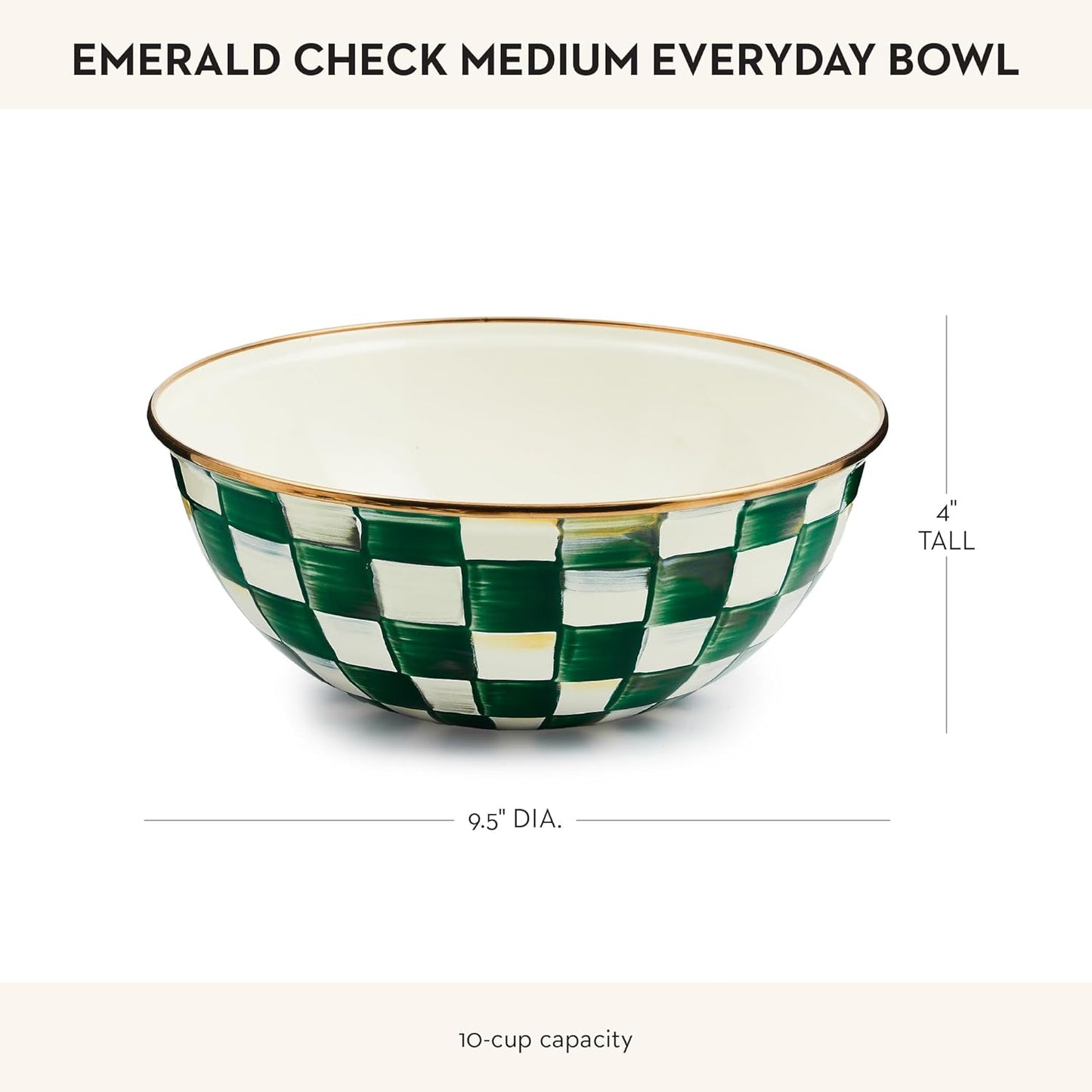 MACKENZIE-CHILDS Enamel Everyday Bowl, Serving Bowl for Entertaining, Medium, Green-and-White Emerald Check