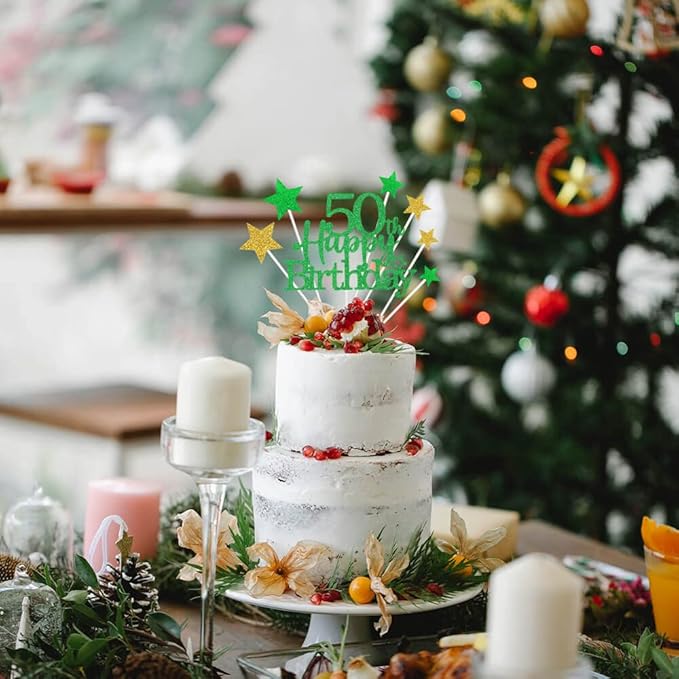 Glittery 50th Happy Birthday Cake Topper with Star,Personalised 50 Birthday Cake Toppers Party Decorations Party Supplies for Boys Girls Green Gold