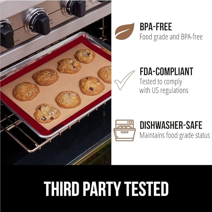 GORILLA GRIP Reusable Nonstick Silicone Baking Mat, 2 Pack, 16.5x11.87, BPA-Free Oven Safe Food Liner, For Cookie Sheets, No Mess Easy Clean Pastry Mats, Kitchen Essential, Half Sheet Size, Red