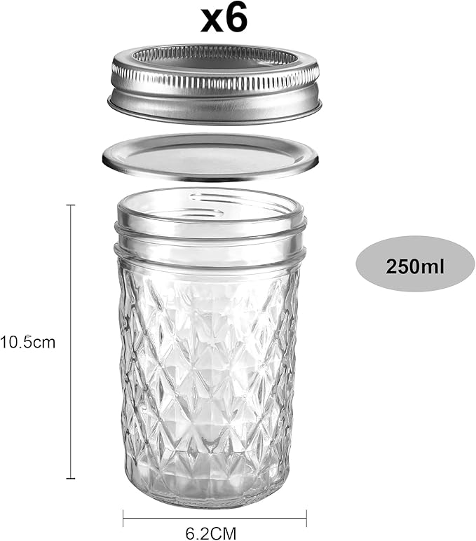Mason Jars Airtight Lids Glass Canning Jars 8oz/250ml Regular Lids Spice Jars Honey Jars for Yogurt,Jam,Spice,Overnight Oats Canning, Preserving,Decorations,Jelly,Dessert,6 Pack (8 oz)