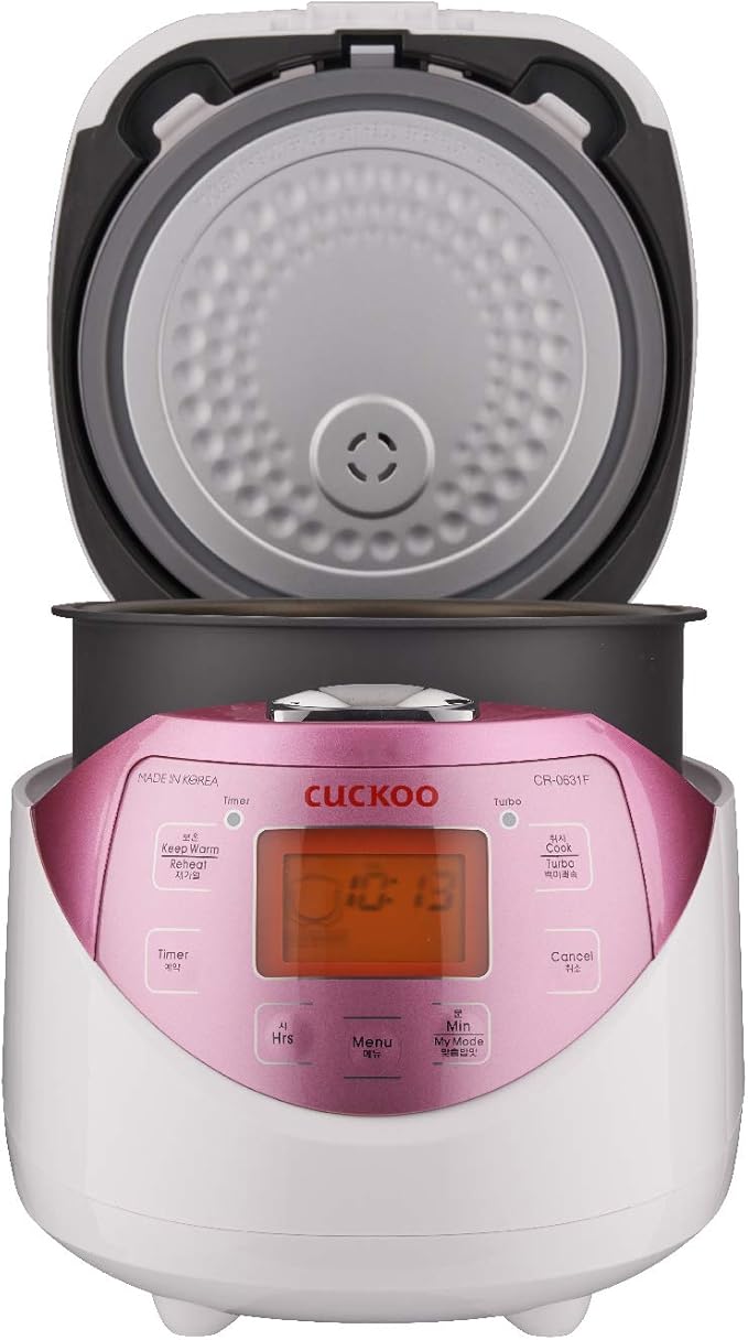 CUCKOO CR-0631F 6-Cup (Uncooked) / 12-Cup (Cooked) Micom Rice Cooker with Nonstick Inner Pot, 7 Menu Modes, LCD Display, Fuzzy Logic Tech, Auto Clean (White/Pink)