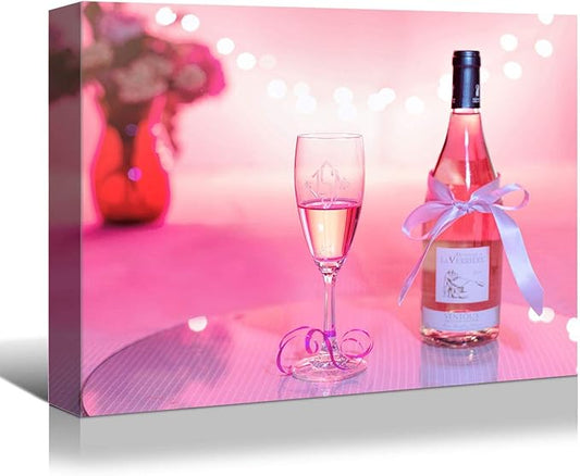 Looife Kitchen Wine Canvas Wall Art, 18x12 Inch Gallery Wrapped Pink Cocktail Wine Glass Picture Prints Wall Decor, Food Art Deco for Dining Room and Bar Wall Decoration