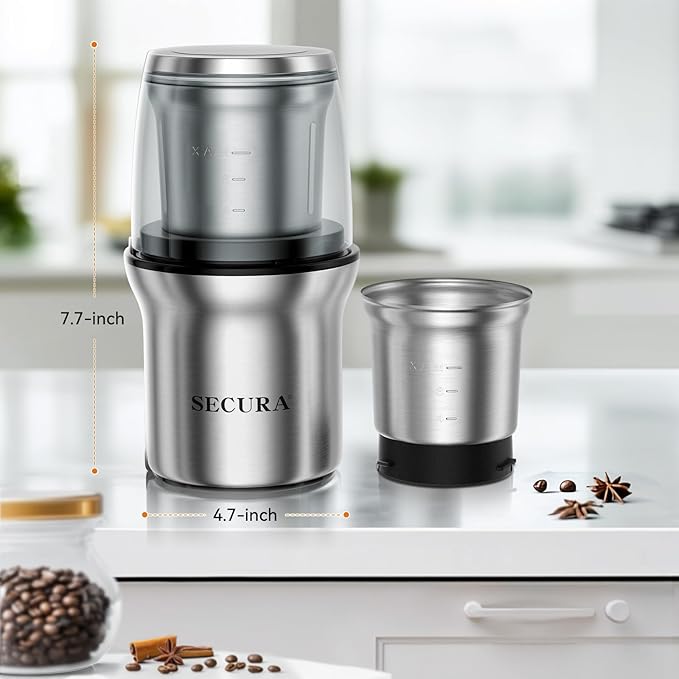 Secura Electric Coffee Grinder and Spice Grinder with 2 Stainless Steel Blades Removable Bowls
