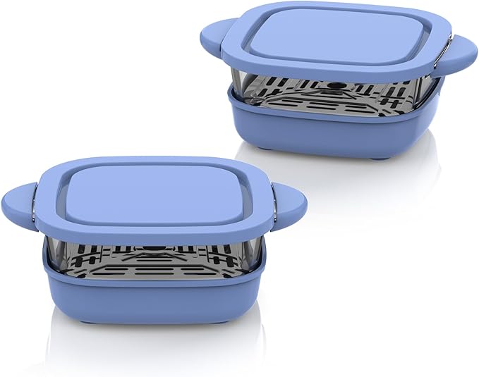 6 Cup Baking Dish Set - 2 Pack, 7 Inch Square Tempered Glass Food Storage Containers with Crispy Tray Compatible with Ninja Crispi Air Fryer - Oven, Microwave, Freezer and Dishwasher Safe
