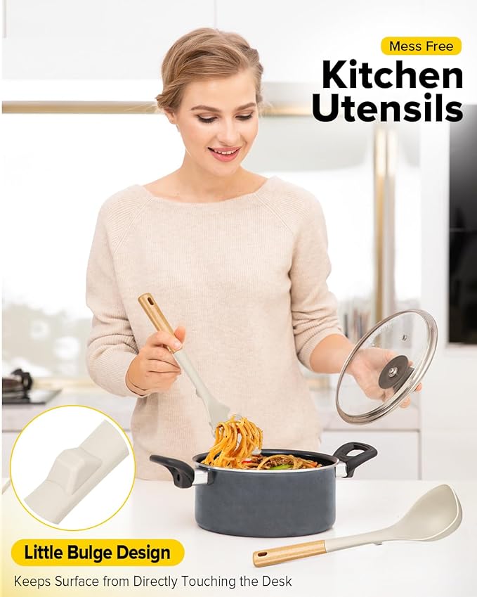 Silicone Soup Ladle and Spaghetti Spoon Set with Wooden Handle, Non Stick Heat Resistant Kitchen Utensils for Cooking, Stirring, Serving Pasta, Soup & Sauce(KHAKI)