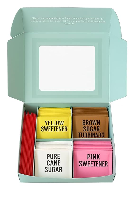 Pogalight Premium, Sugar and Sweeteners Variety Pack (300-Pack) - 70 Pure Cane Sugar, 40 Brown Sugar,70 Yellow Stevia, 70 Pink Sweetener, 50 Stirrers - Perfect for Coffee, Tea, Baking, Office, Restaurant,