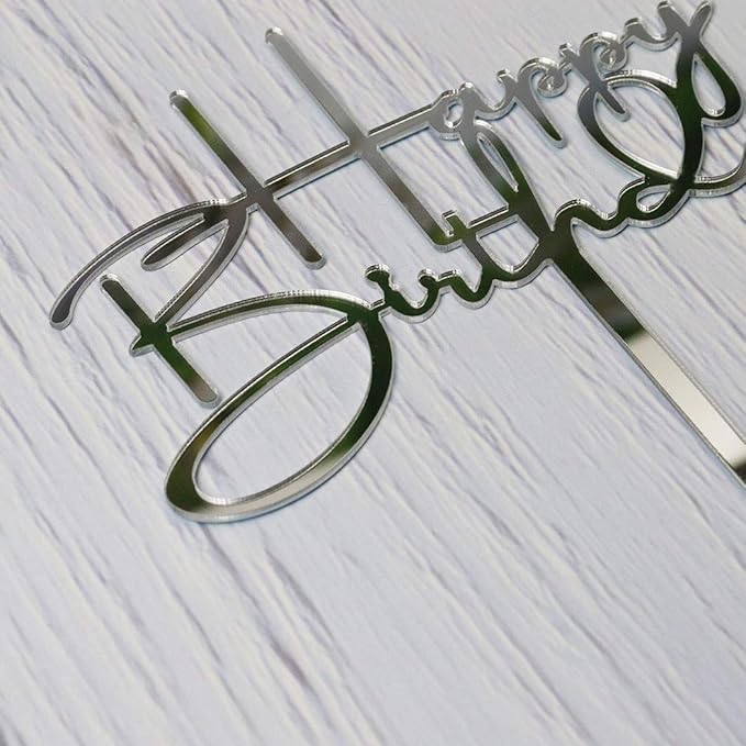 Happy Birthday Cake Topper for Birthday Party Decorations, Mirror Silver Acrylic