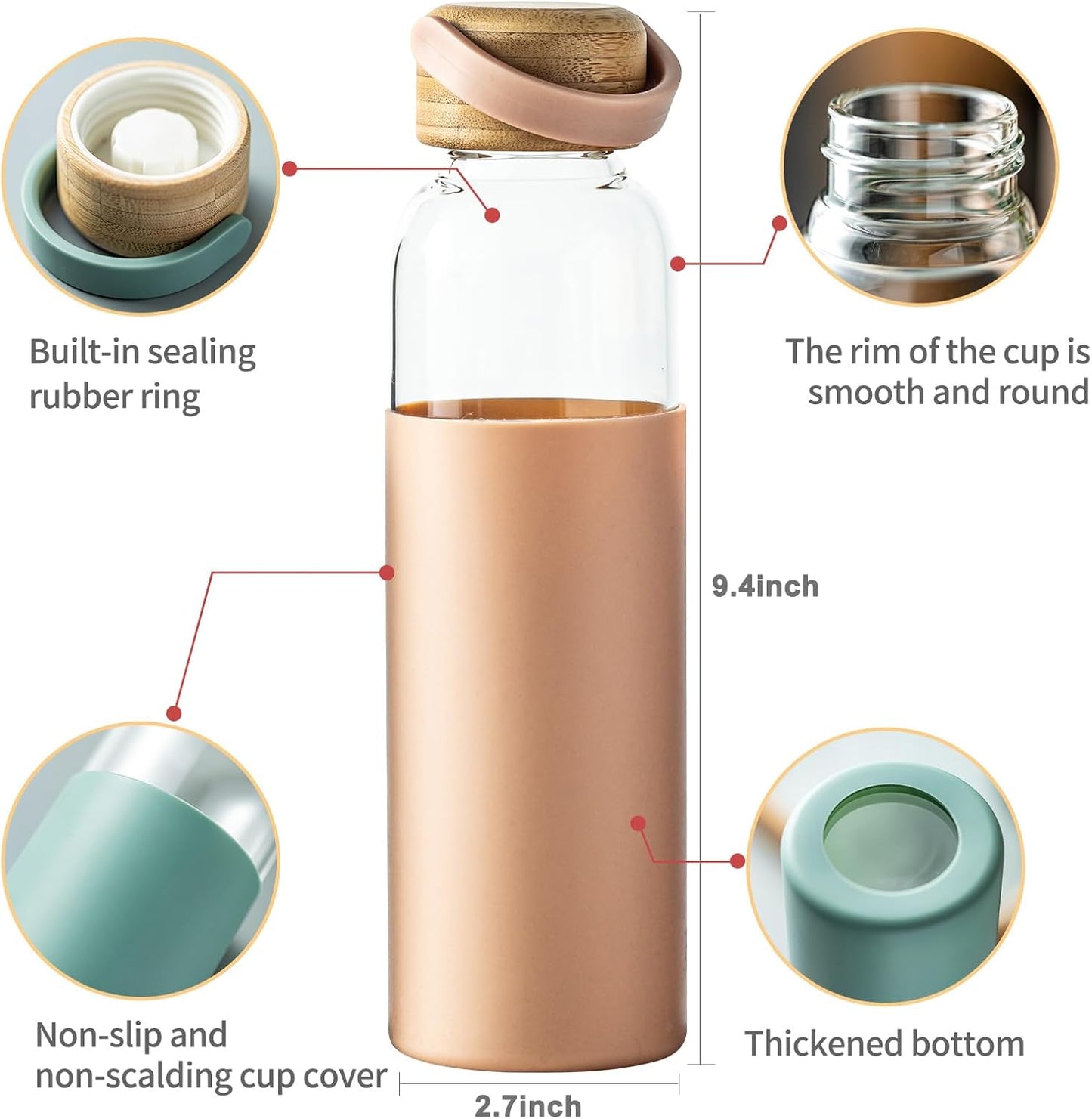 21oz Borosilicate Glass Water Bottles with Silicone Non-Slip Sleeve & Leak-Proof Lid-Reusable Drink Bottle for Office,Travel,Gym,Hiking-BPA Free,Ideal Gift for Home,Car &Fitness (Pink)