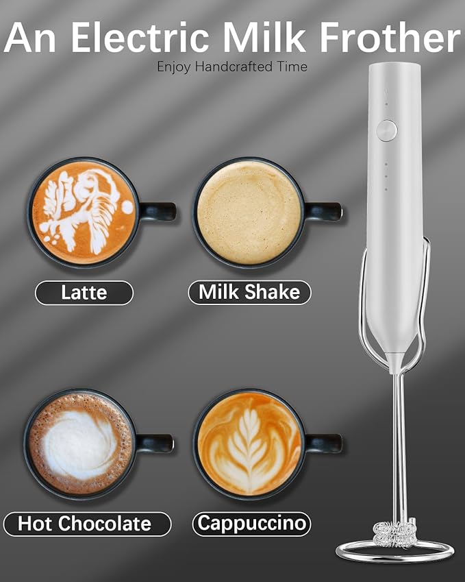 Rechargeable Milk Frother with Stand, Electric Frother Wand Handheld Coffee Foam Maker Detachable Stainless Steel Whisk Drink Mixer Foamer for Latte, Cappuccino, Hot Chocolate, Egg (White)