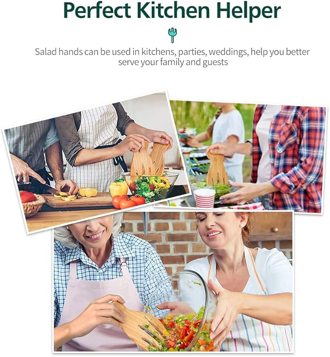 Bamboo Salad Hands, 2pcs 7.1in Bamboo Salad Server, Bamboo Kitchen Helper With Smooth Surface by Hand Grinding, Salad Claws Set for Serving Salad, Pasta, Fruit on Your Kitchen (2pcs Salad Hand)