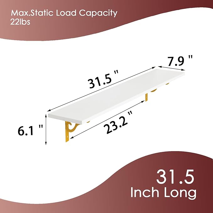 DINZI LVJ Long Wall Shelves, 31.5" Wall Mounted Shelves Set of 4, Wide Floating Shelf for Wall with Metal Brackets, for Living Room, Bathroom, Bedroom, Kitchen, Office, White and Gold