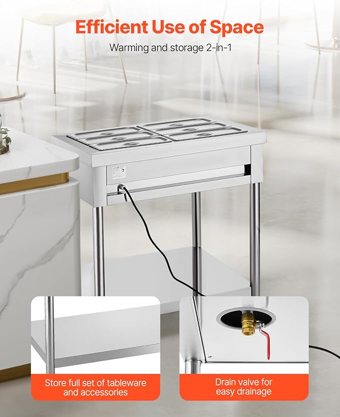 VEVOR 6-Pan Commercial Food Warmer, 6 x 1/3 Pans Electric Steam Table, 1500W Professional Buffet Catering Food Warmer with Undershelf, Stainless Steel Server for Restaurant Party Hotel