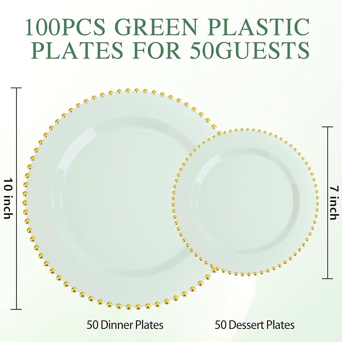 supernal 100pcs Green Disposable Plates - Green Heavy Duty Plastic Plates With Gold Beads - Include 10inch Dinner Plate and 7inch Plastic Dessert Plate - Disposable Serving Platters for Party,Wedding