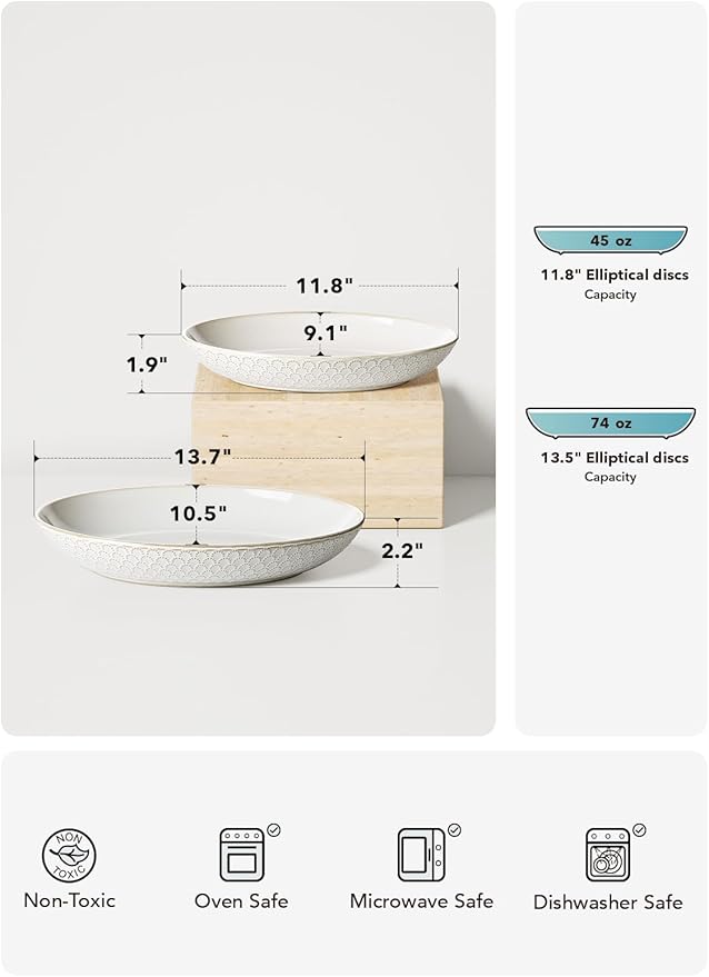 LE TAUCI Serving Bowls, Large Oval Platters for Entertaining, Ceramic Serving Tray for Dinner, Pasta, Salad, Dessert, Turkey, Fish, Fruit, Bread - 45oz/74oz, 11.8"/13.7", Set of 2, Arctic White