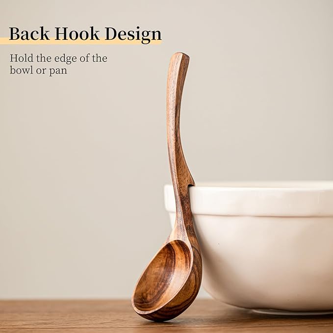 Gudamaye 3 Size Wooden Soup Ladles Set,3 Hooks for Bowl,Pot. Natural Teak Wooden Ladle,10.6 inch Big Soup Ladle, 9 inch Serving Spoon & 8 inch Wood Ladles for Cooking,Teak Deep Ladle Spoons