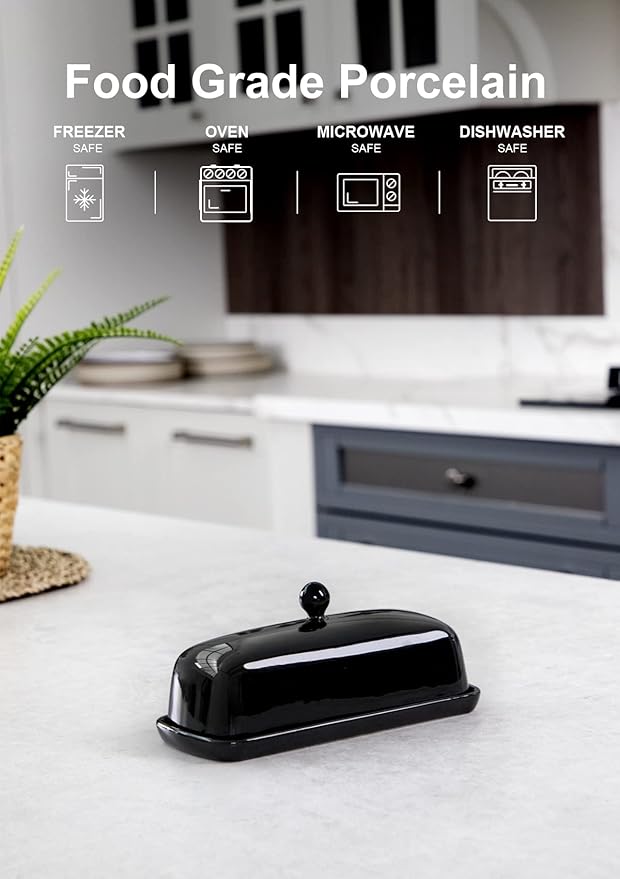 Nucookery Ceramic Butter Dish with Lid | Raised Legs and Non-Slip Strip Design | Porcelain Health | Dishwasher Safe, Black