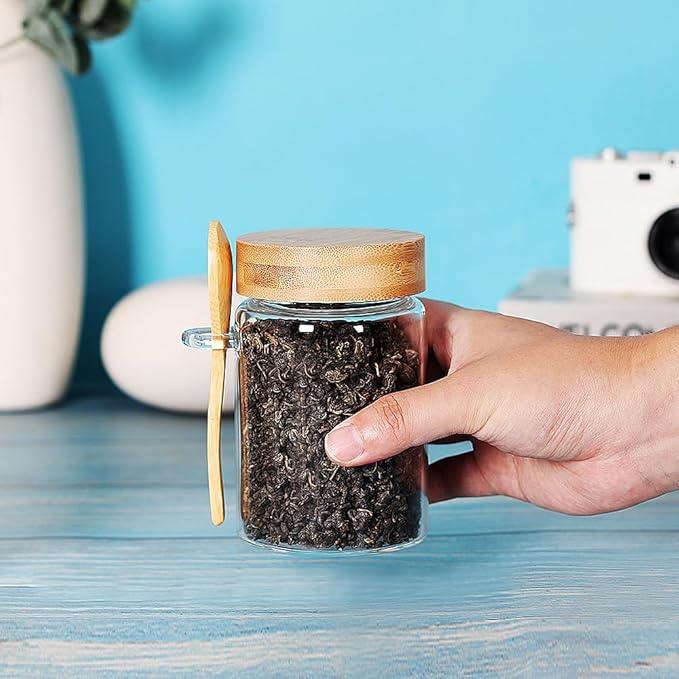 16 OZ Tea Jars Screw Top for Loose Tea, Set of 6 Loose Leaf Container Airtight, Glass Jars with Screw on Lids and Spoons, Overnight Oats Containers with Lids