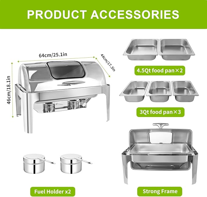 Rectangular Roll Top Chafing Dish Buffet Set, Catering Food Warmer for Parties, Half Full Size & 3 Party-Size Chafing Server Dish, 14QT Water Pan for Birthday Party Thanks Giving New Year Party