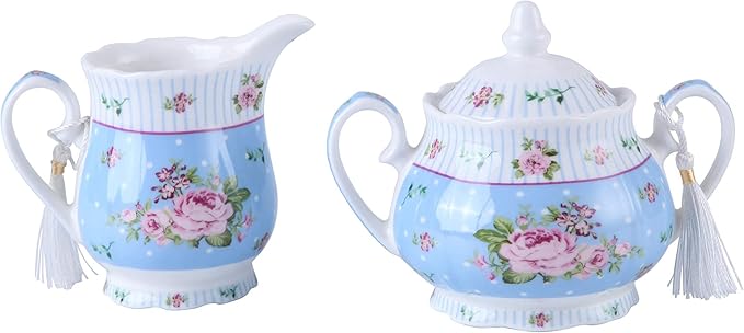 London Boutique Porcelain Teapot Sugar Bowl and Cream Milk Jug Shabby Chic Vintage Floral in Gift box 40oz (Cream & Sugar Set Rose Blue)
