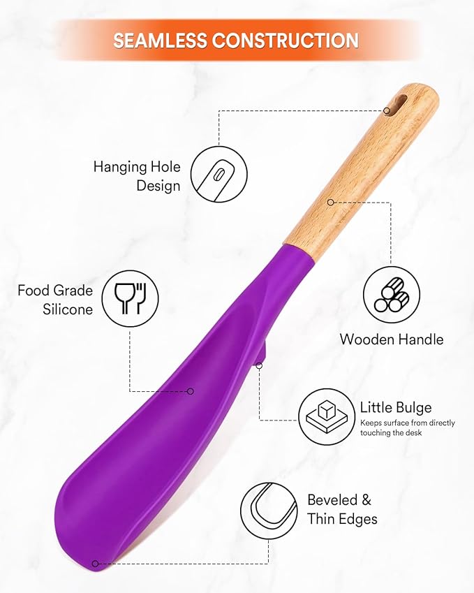 Cooking Spoon and Rice Scooper for Nonstick Cookwares, Great for Cooking and Serving Sturdy BPA-Free Matte Silicone, Wood Handle Spoon for Mixing, Scoop, and Scrape (BERRY)