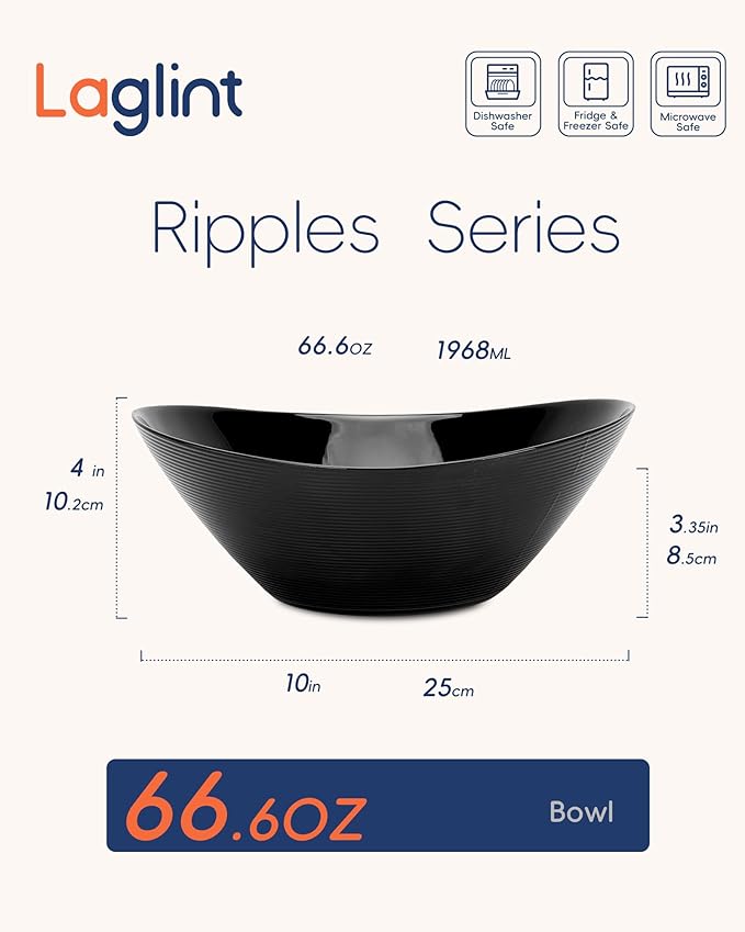 66 OZ Salad Bowl Set of 2, Opal Glass 10 inch Lightweight Serving Dishes for Salad, Fruit, Kitchen Microwave & Dishwasher Safe, Oval Shape Black