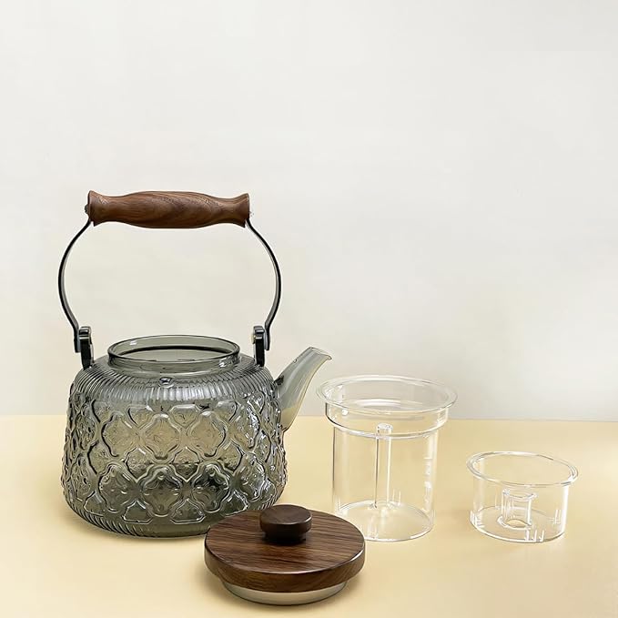 IwaiLoft Stovetop Safe Glass Teapot with Malus Spectabilis Pattern Removable Infuser Fine Borosilicate Tea Pot perfect for Fruit Flowering Tea Canister Premium Quality Tea Kettle Gift(Gray)