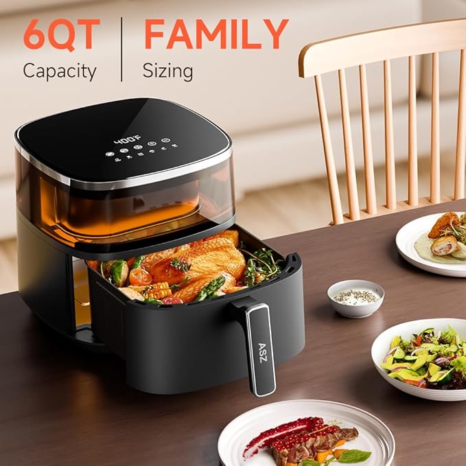 ASZ Digital Air Fryer 6 qt with Window Up - Big Airfryer 6 Presets Preheat Airfry Reheat Bake Roist Broil 400°F Airfrier 85% Oil Less,Nonstick Dishwasher-Safe Parts, Automatic Shutoff